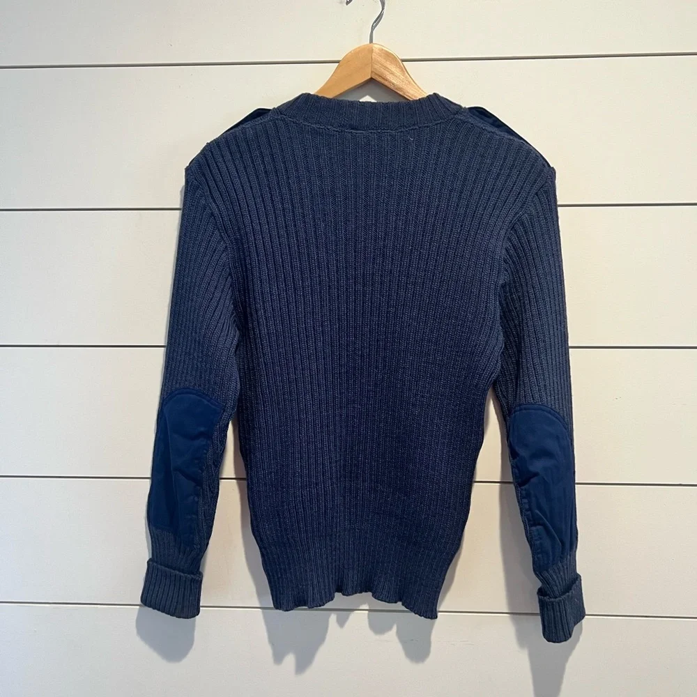 Citadel Sweater Mens 40 Blue Virgin Wool V-Neck Elbow Patch Ribbed Knit Military